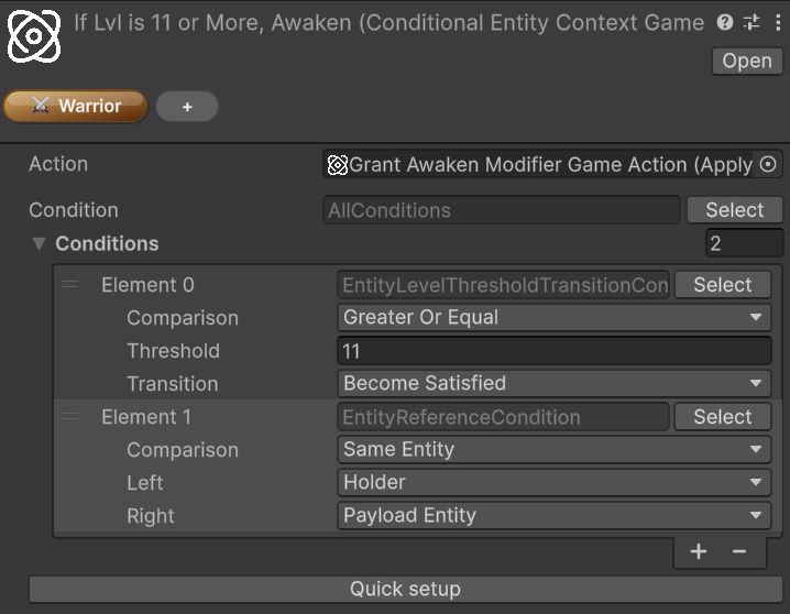 Conditional GameAction inspector showing Action, Condition, and Quick setup controls