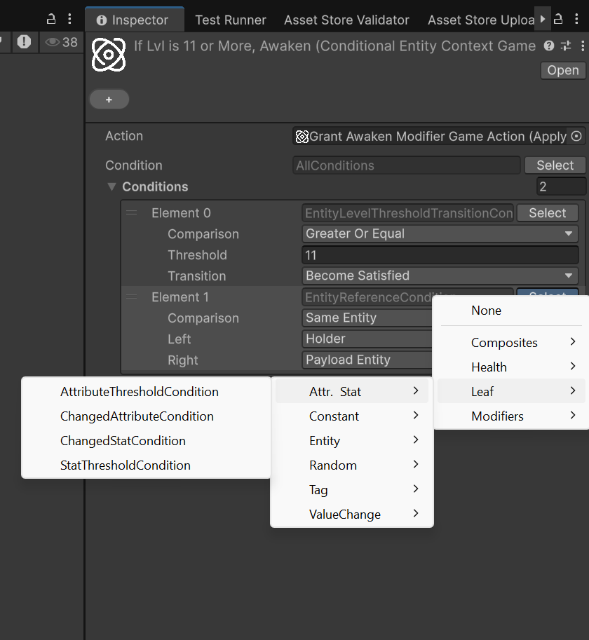 Condition type picker with grouped families such as Composites and Leaf categories