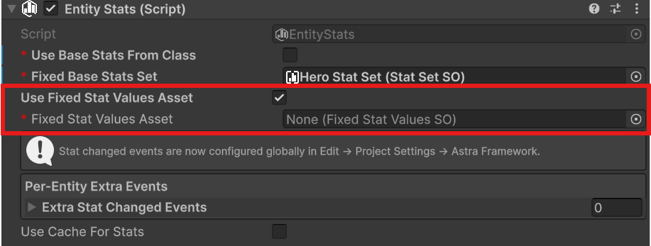 EntityStats with Use Fixed Stat Values Asset enabled