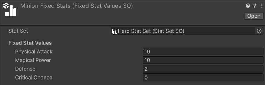 Fixed Stat Values asset inspector