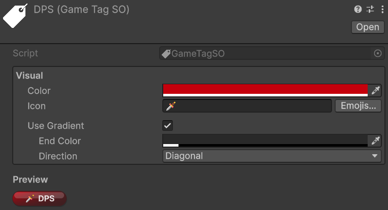 GameTag inspector with color, icon, gradient, and preview fields
